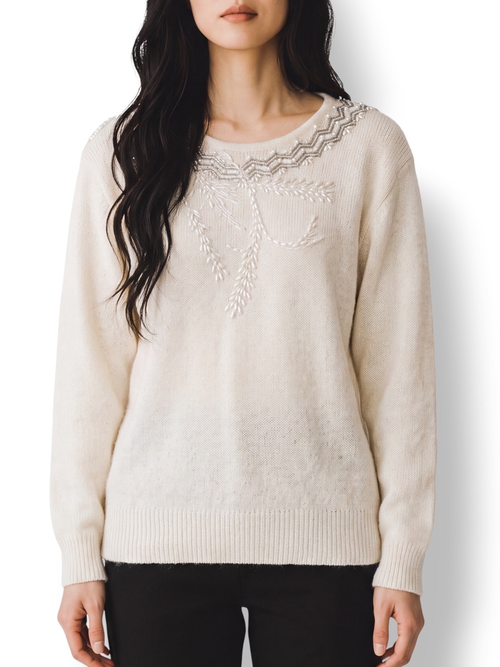 I.B. Diffusion Ivory Beaded Silk Angora Blend Sweater Small